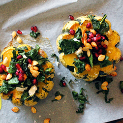 Roast pumpkins, pomegranate, feta & kale